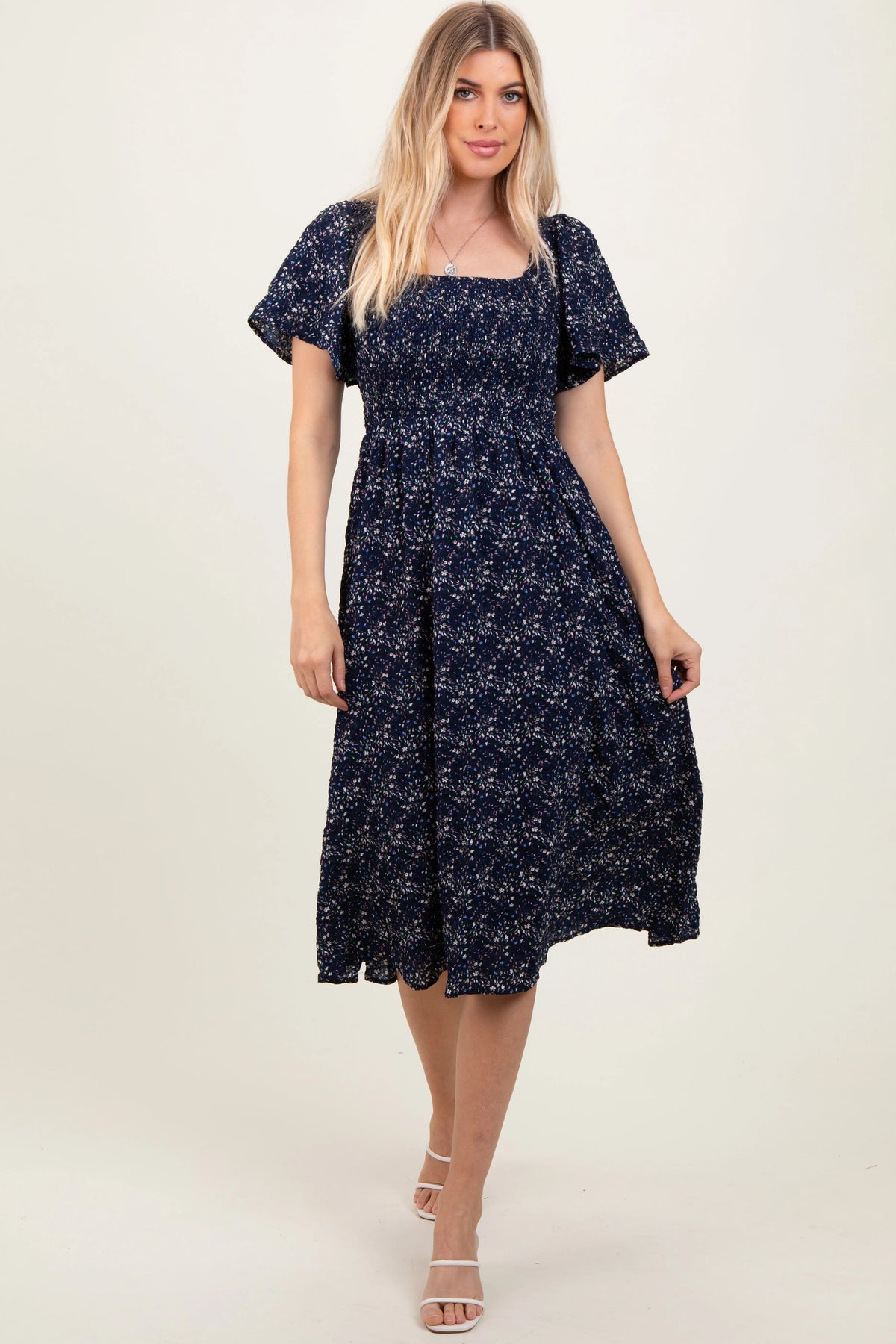 PinkBlush Navy Floral Square Neck Smocked Maternity Midi Dress - 