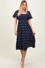 PinkBlush Navy Floral Square Neck Smocked Maternity Midi Dress - 