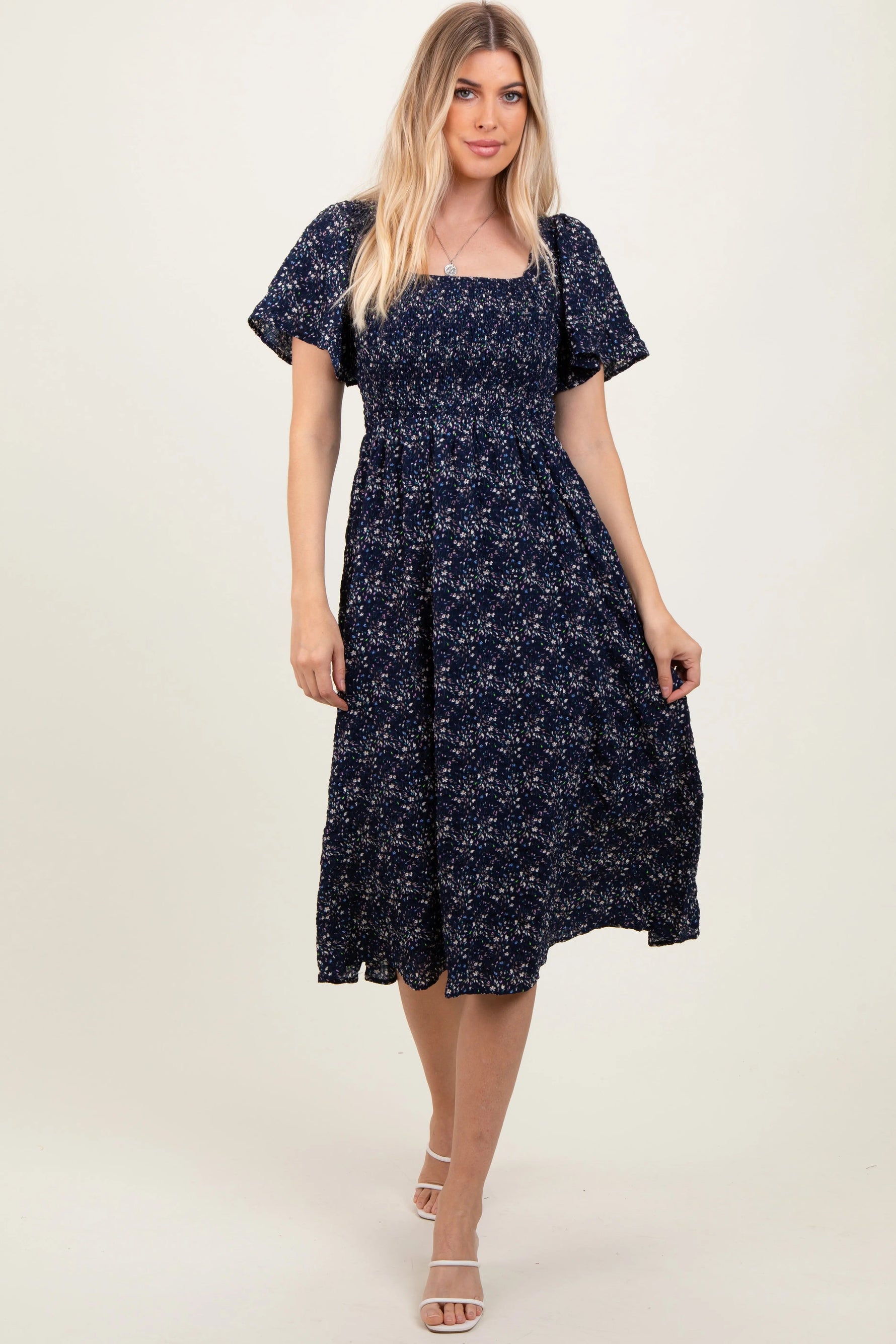 PinkBlush Navy Floral Square Neck Smocked Maternity Midi Dress - 