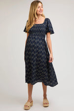 Navy Floral Square Neck Smocked Maternity Midi Dress - Day Dress, Fashion, One-piece garment, Dress, Waist | Everetts Place