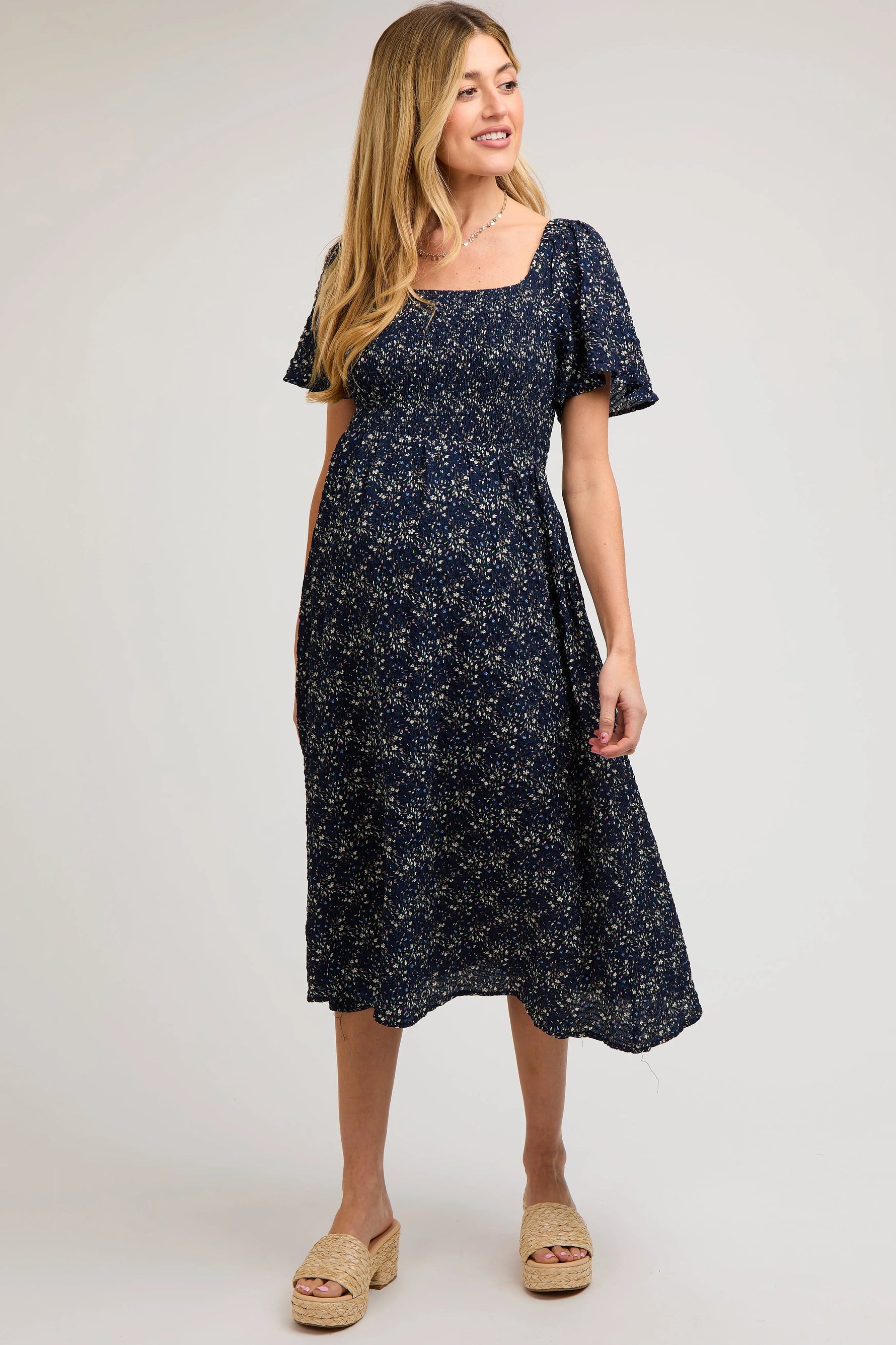 Navy Floral Square Neck Smocked Maternity Midi Dress - Day Dress, Fashion, One-piece garment, Dress, Waist | Everetts Place