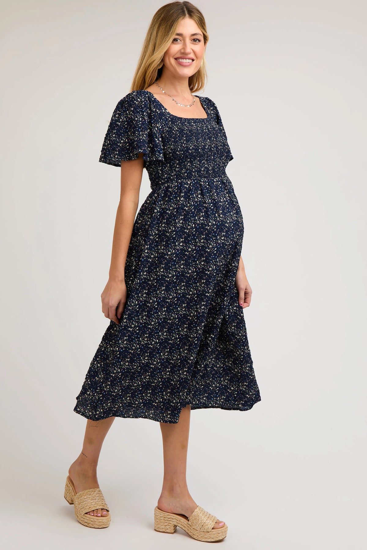 PinkBlush Navy Floral Square Neck Smocked Maternity Midi Dress - 