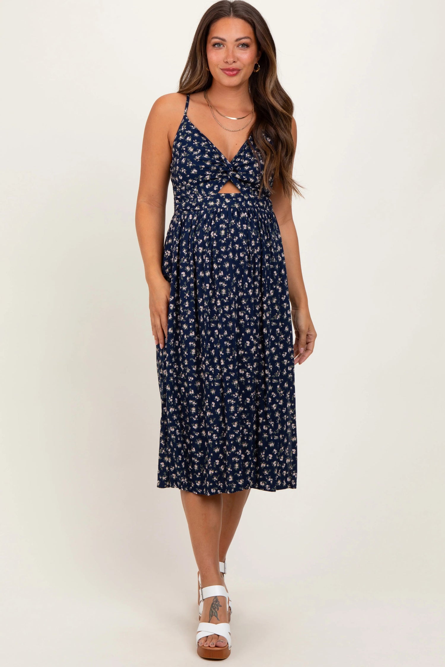 PinkBlush Navy Floral Twist Front Cut Out Maternity Midi Dress - 
