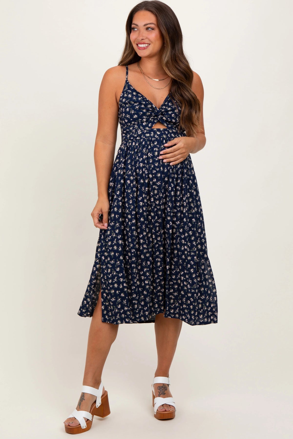 PinkBlush Navy Floral Twist Front Cut Out Maternity Midi Dress - 