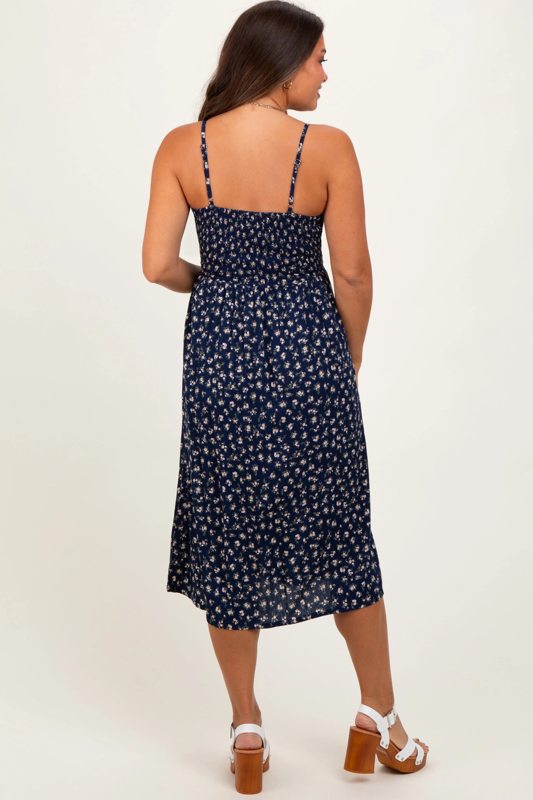 PinkBlush Navy Floral Twist Front Cut Out Maternity Midi Dress - 