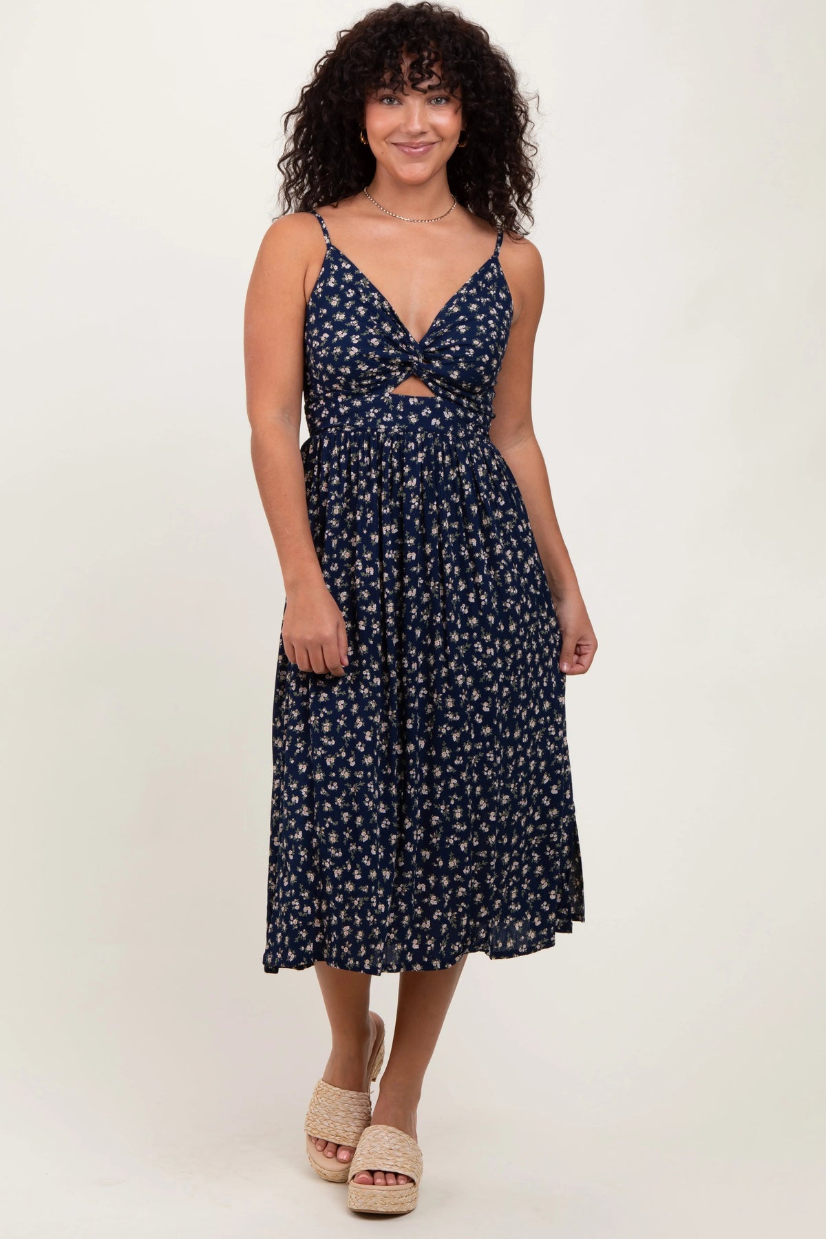 PinkBlush Navy Floral Twist Front Cut Out Midi Dress - 