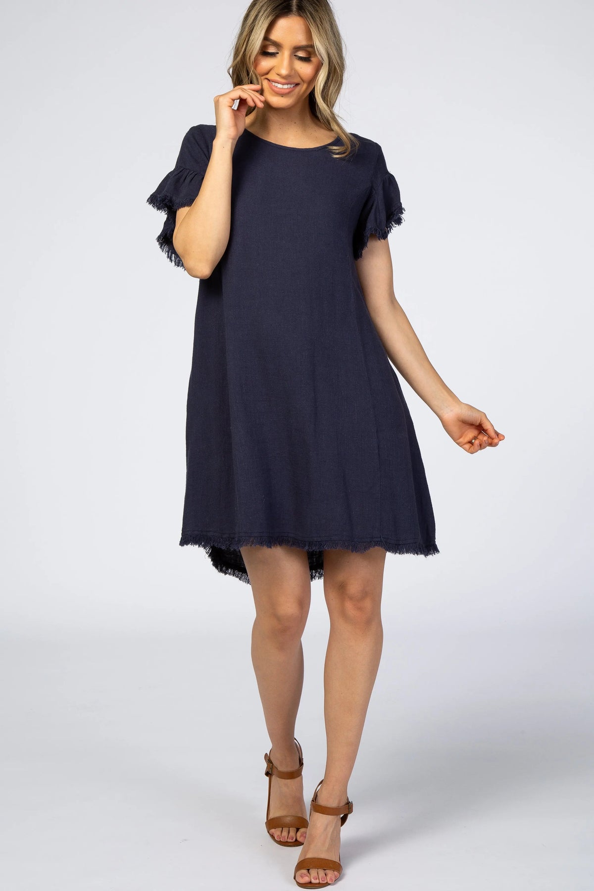 Navy Frayed Trim Back Keyhole Linen Dress - Dress, Day Dress, One-piece garment, Cocktail dress, Person | Everetts Place
