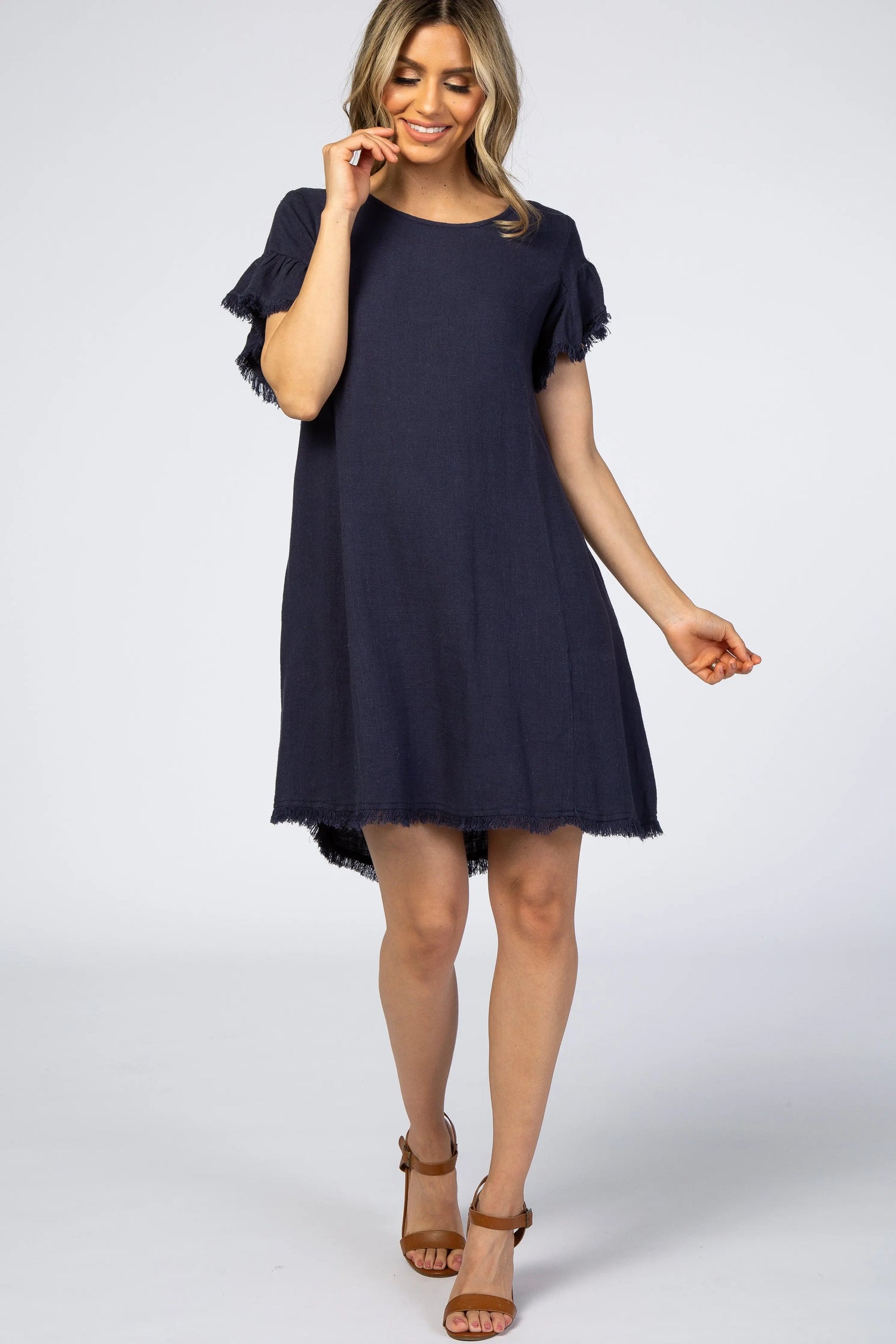 Navy Frayed Trim Back Keyhole Linen Dress - Dress, Day Dress, One-piece garment, Cocktail dress, Person | Everetts Place