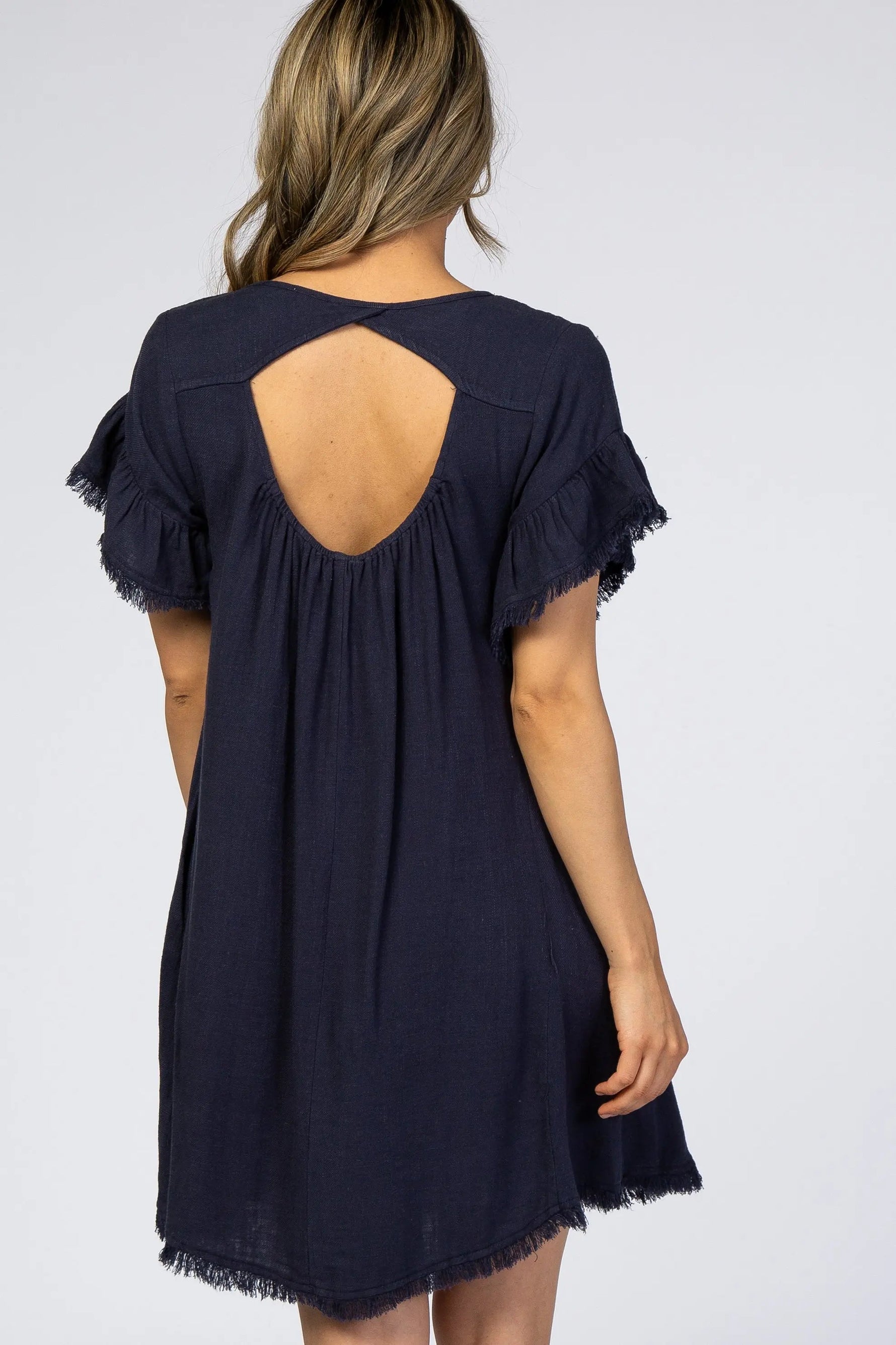 PinkBlush Navy Frayed Trim Back Keyhole Linen Dress - 