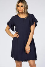 PinkBlush Navy Frayed Trim Back Keyhole Linen Dress - 