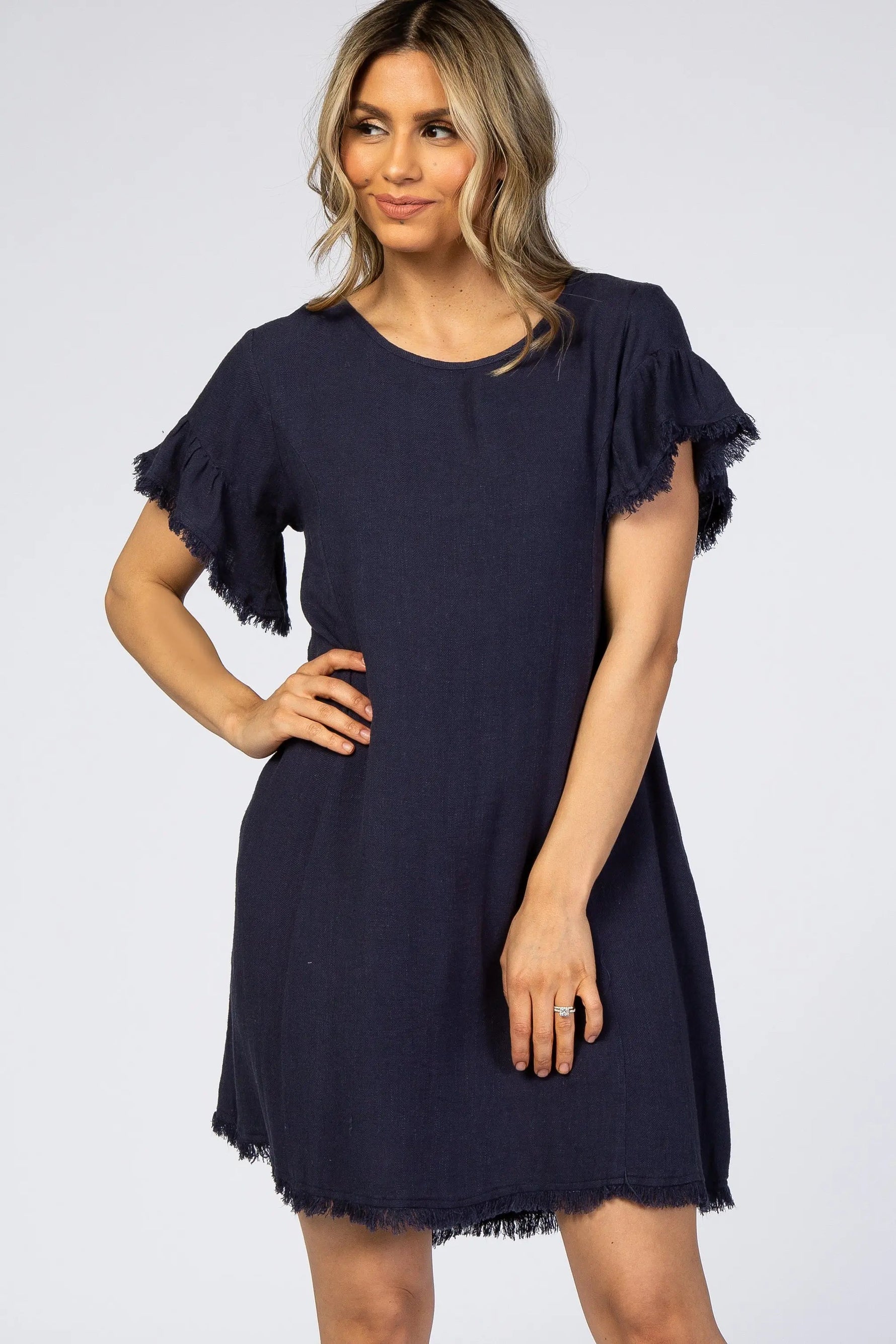 PinkBlush Navy Frayed Trim Back Keyhole Linen Dress - 