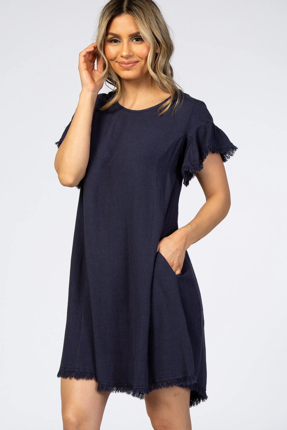PinkBlush Navy Frayed Trim Back Keyhole Linen Dress - 