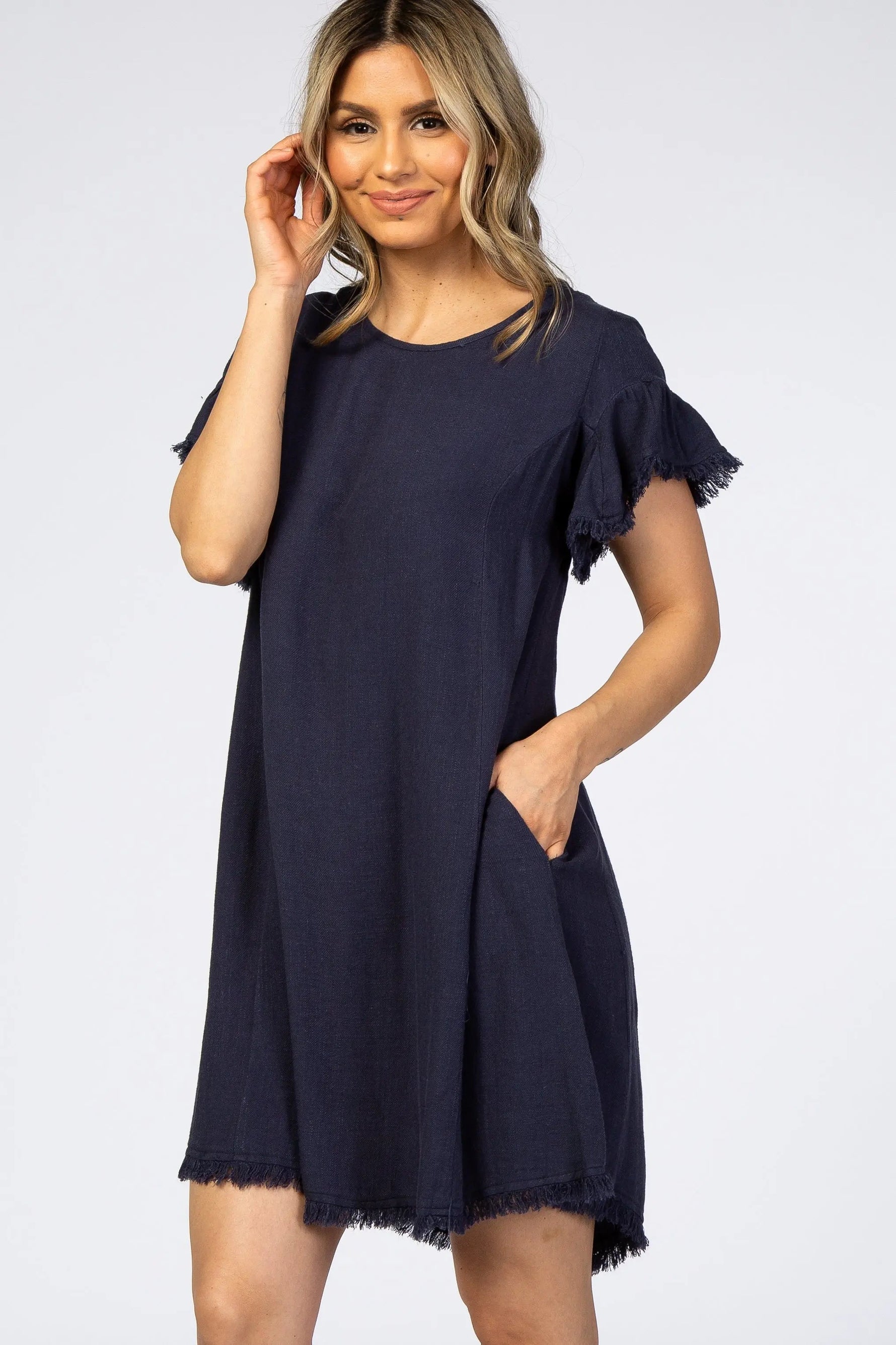 PinkBlush Navy Frayed Trim Back Keyhole Linen Dress - 