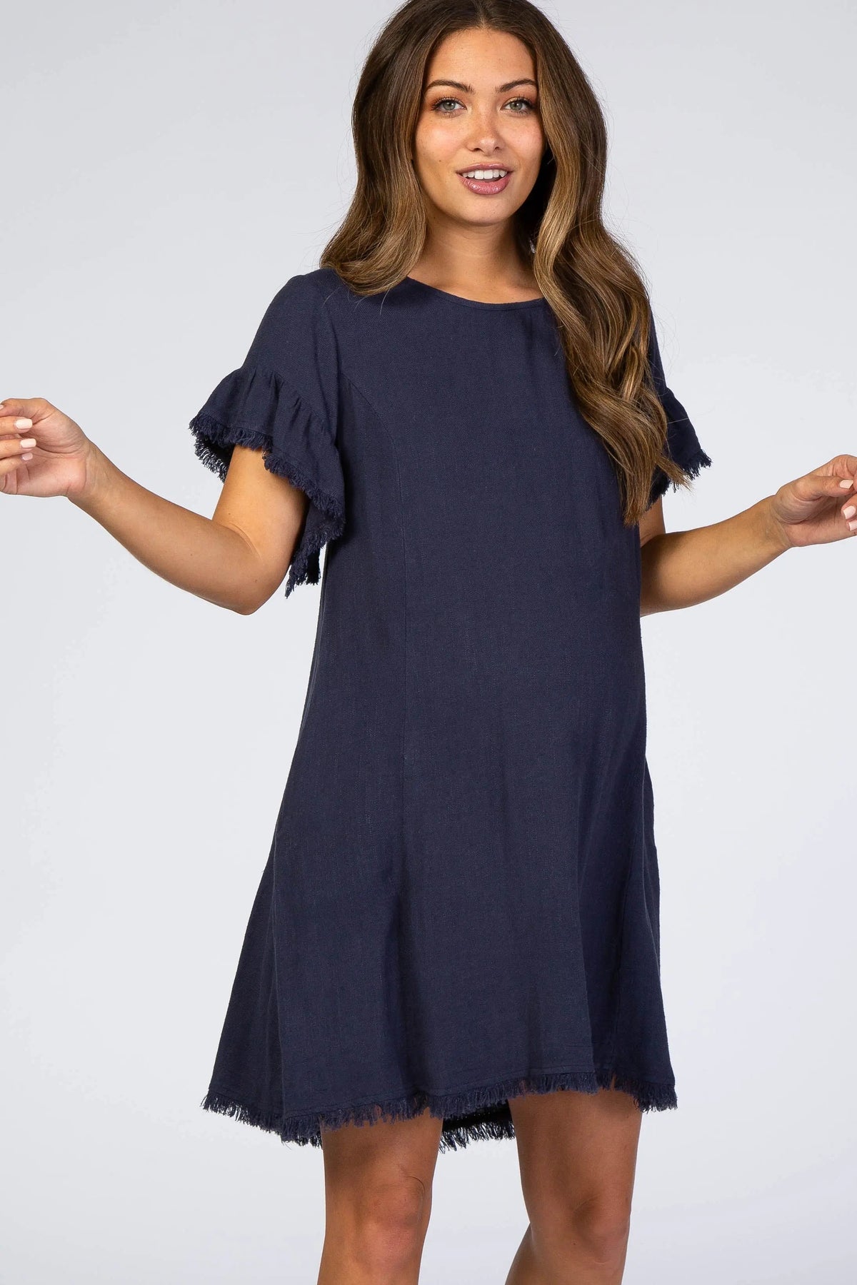 PinkBlush Navy Frayed Trim Back Keyhole Linen Maternity Dress - 