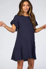 PinkBlush Navy Frayed Trim Back Keyhole Linen Maternity Dress - 