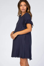PinkBlush Navy Frayed Trim Back Keyhole Linen Maternity Dress - 