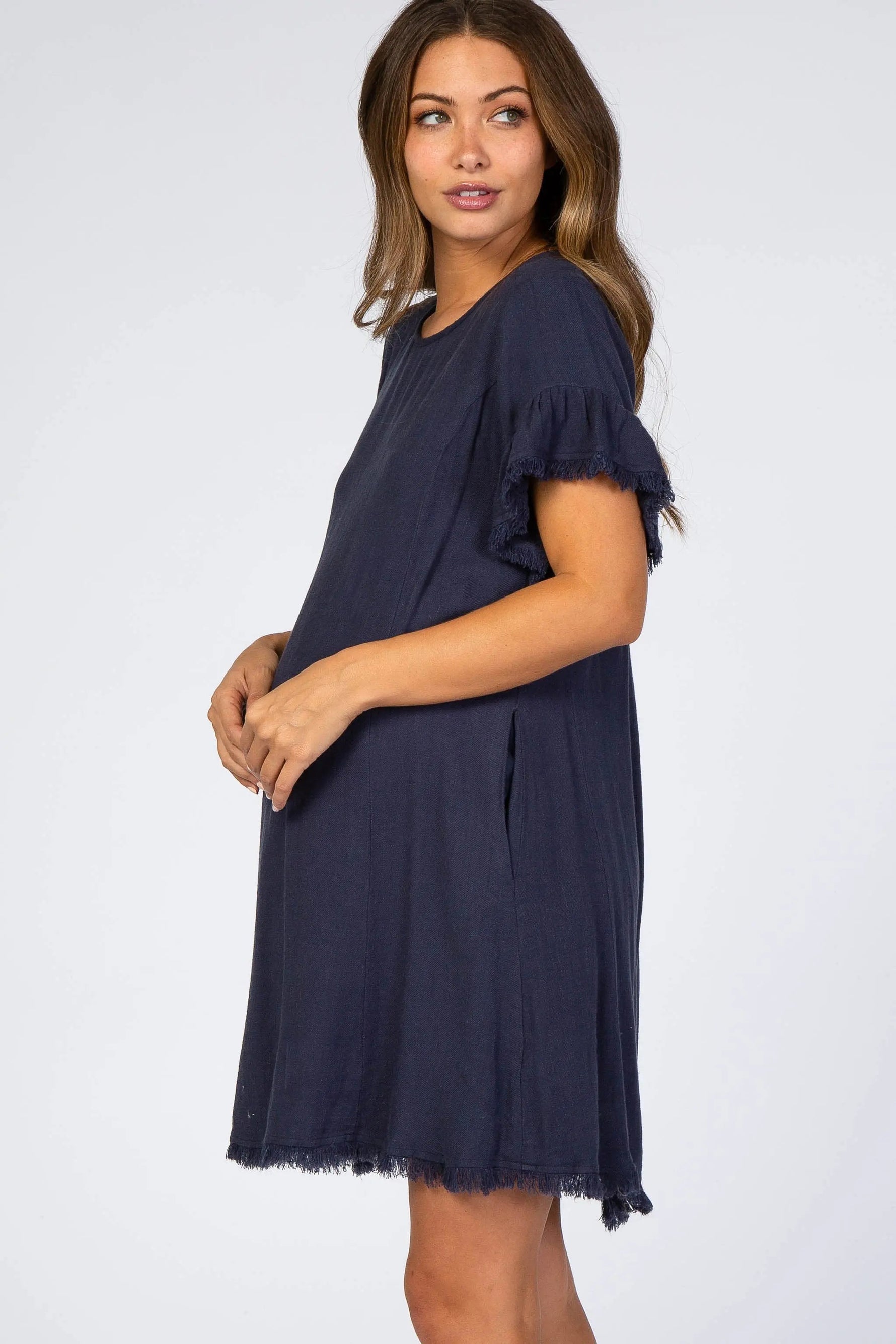 PinkBlush Navy Frayed Trim Back Keyhole Linen Maternity Dress - 