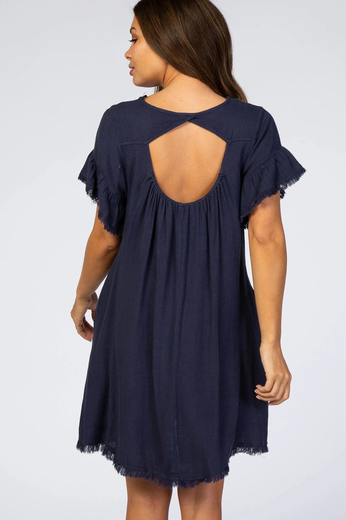 PinkBlush Navy Frayed Trim Back Keyhole Linen Maternity Dress - 