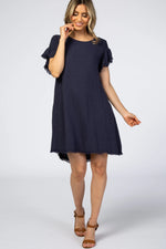 PinkBlush Navy Frayed Trim Back Keyhole Linen Maternity Dress - 