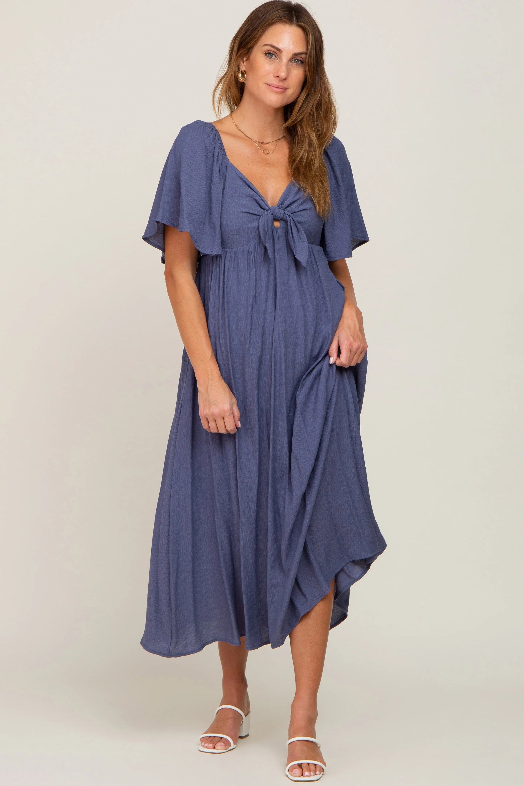 PinkBlush Navy Front Tie Ruffle Sleeve Maternity Midi Dress - 