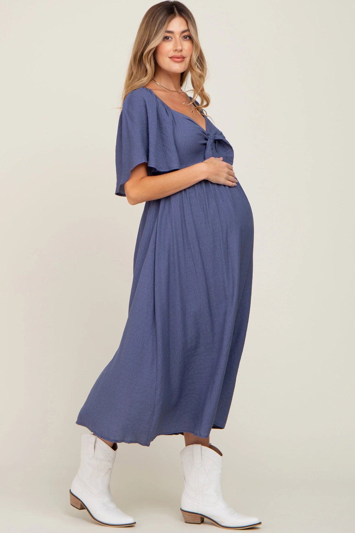 PinkBlush Navy Front Tie Ruffle Sleeve Maternity Midi Dress - 