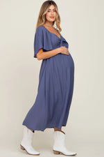 PinkBlush Navy Front Tie Ruffle Sleeve Maternity Midi Dress - 