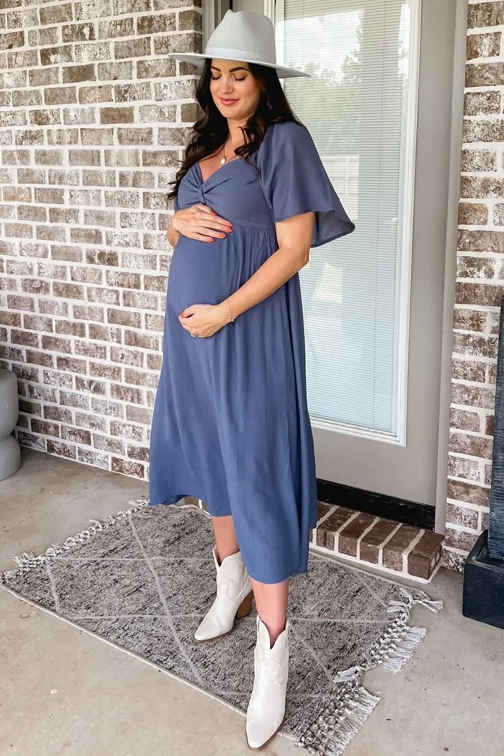 PinkBlush Navy Front Tie Ruffle Sleeve Maternity Midi Dress - 