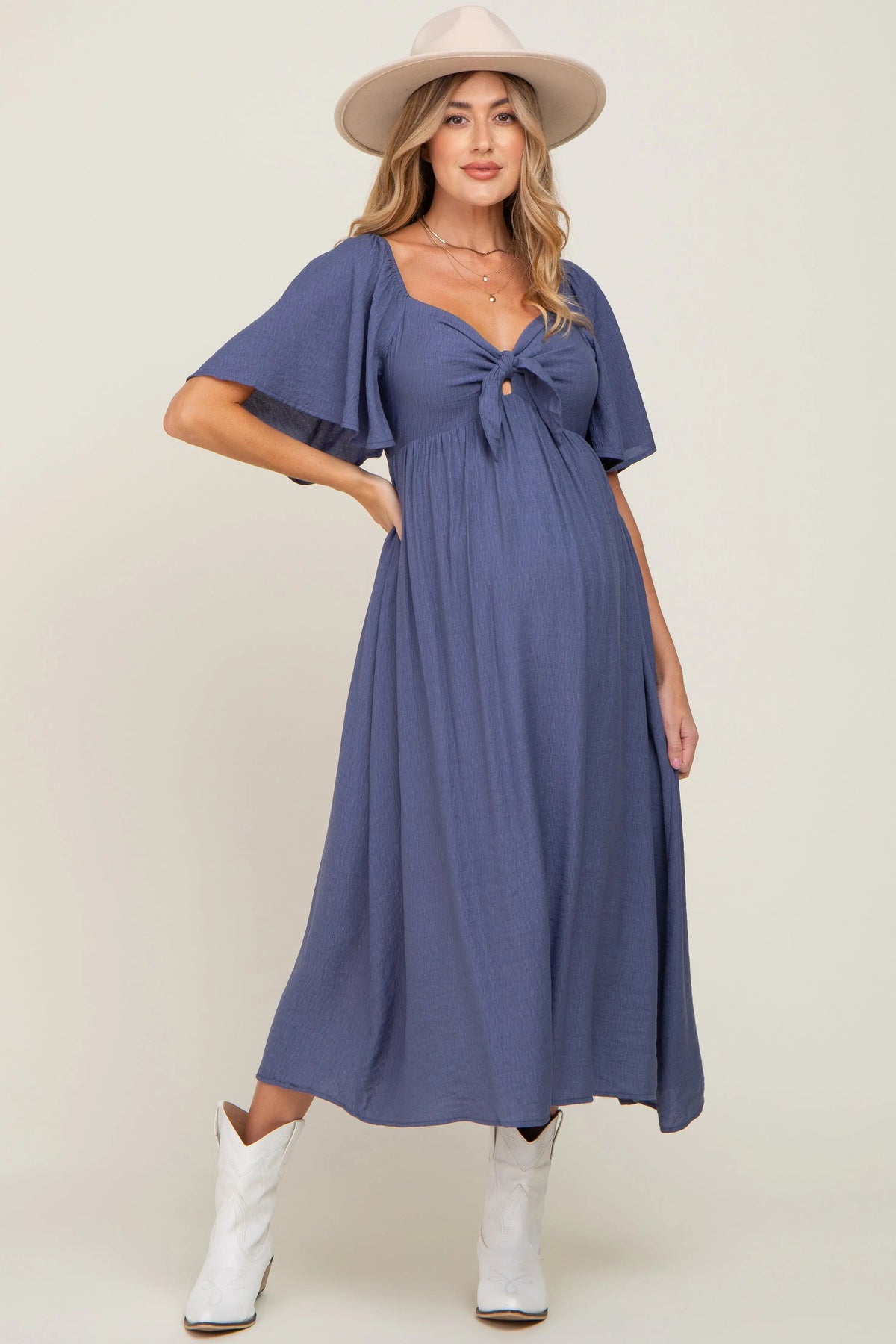 PinkBlush Navy Front Tie Ruffle Sleeve Maternity Midi Dress - 