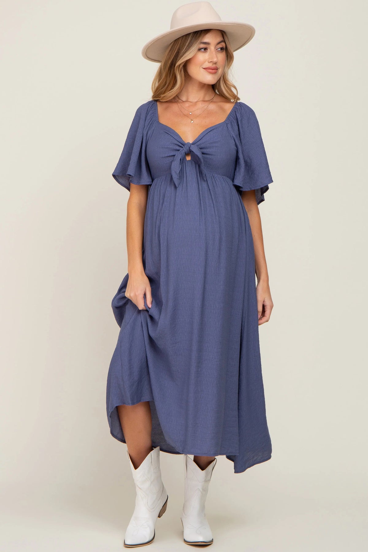 PinkBlush Navy Front Tie Ruffle Sleeve Maternity Midi Dress - 
