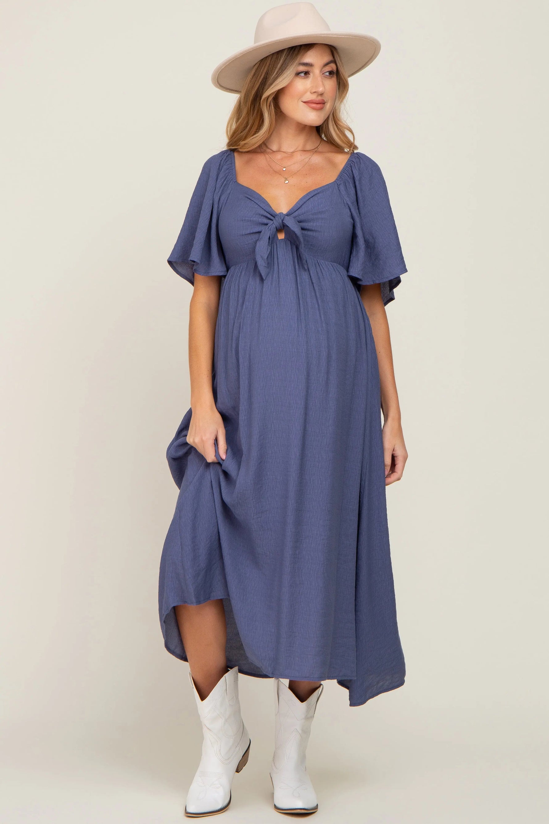 PinkBlush Navy Front Tie Ruffle Sleeve Maternity Midi Dress - 