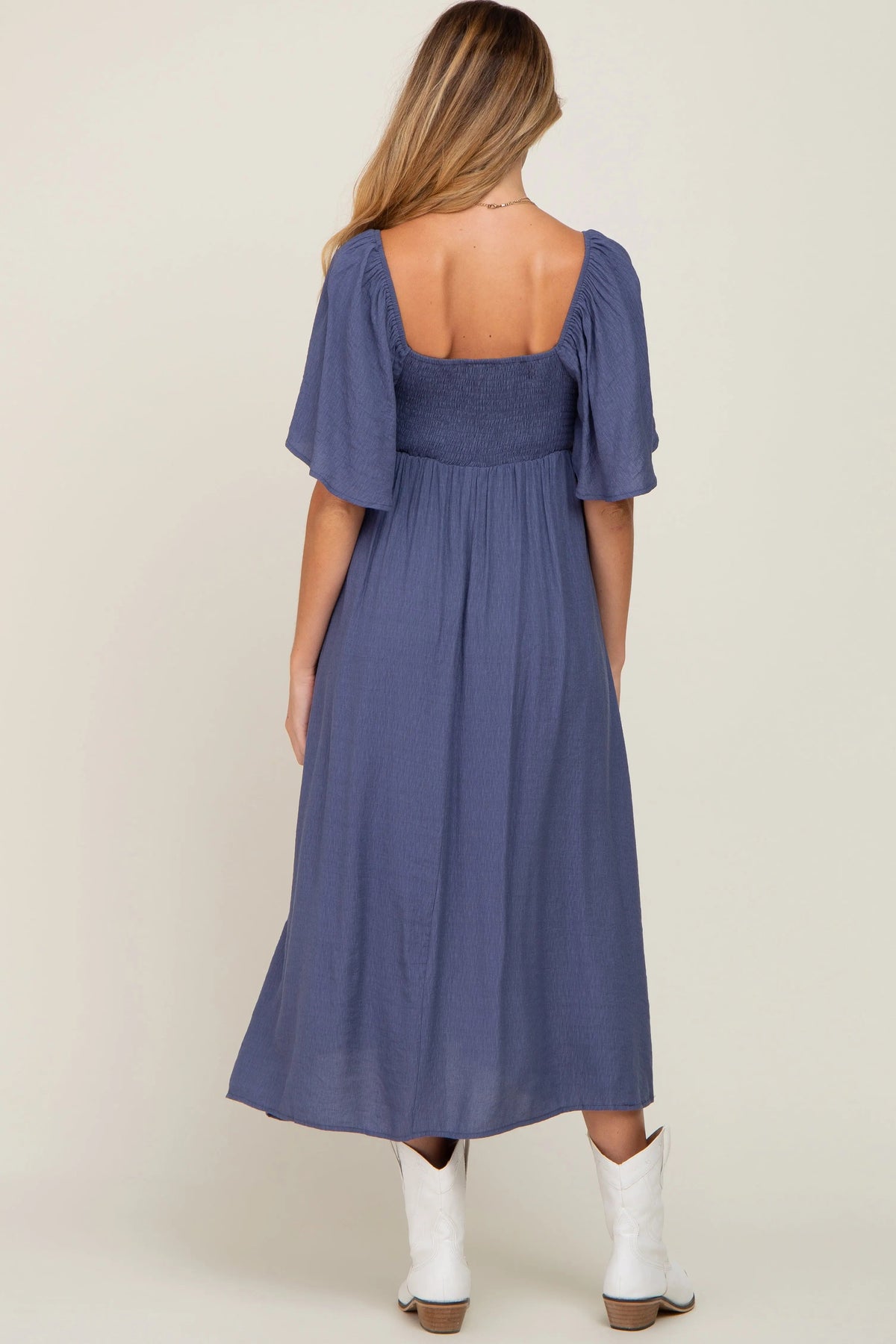 PinkBlush Navy Front Tie Ruffle Sleeve Maternity Midi Dress - 