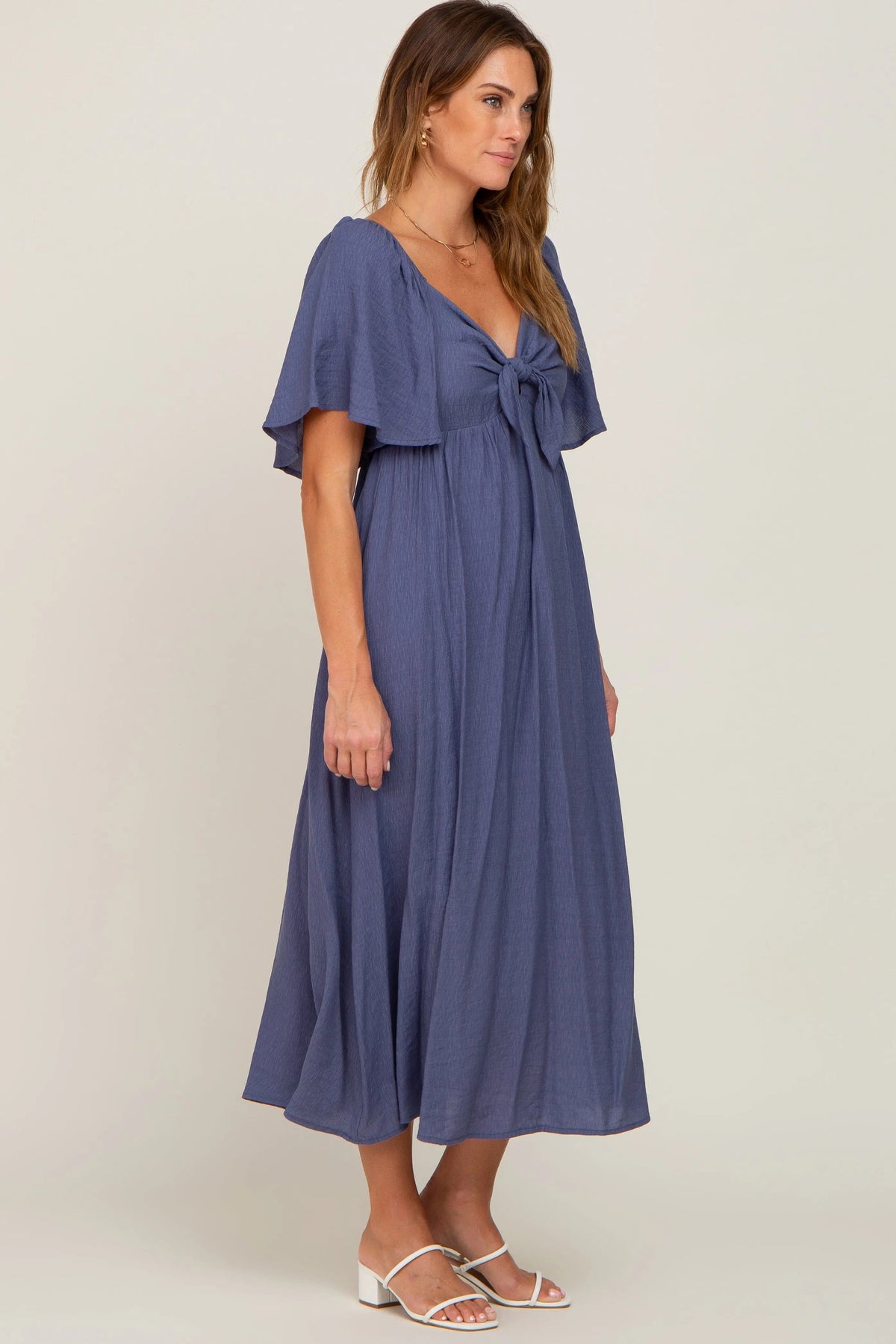 PinkBlush Navy Front Tie Ruffle Sleeve Midi Dress - 