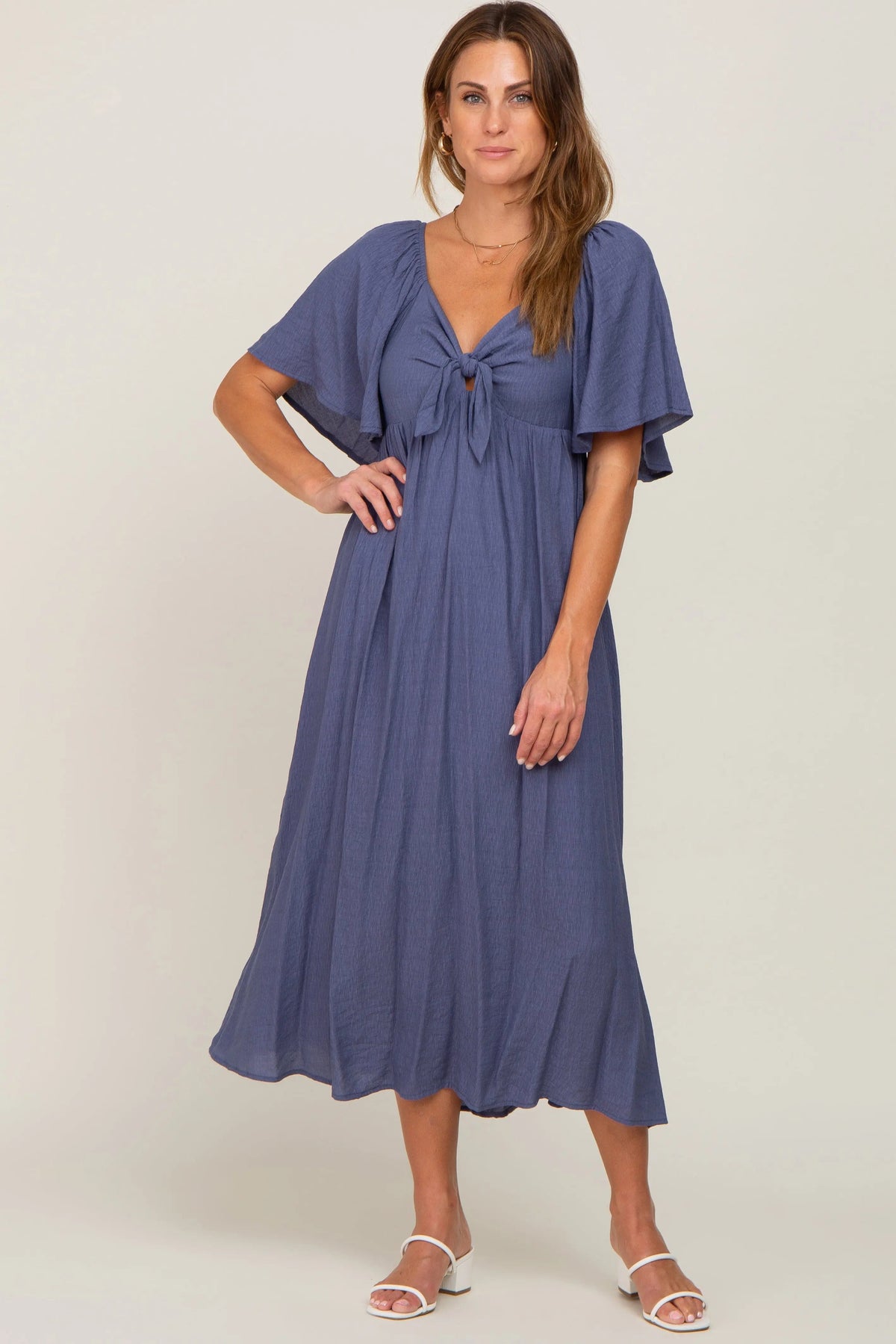 PinkBlush Navy Front Tie Ruffle Sleeve Midi Dress - 