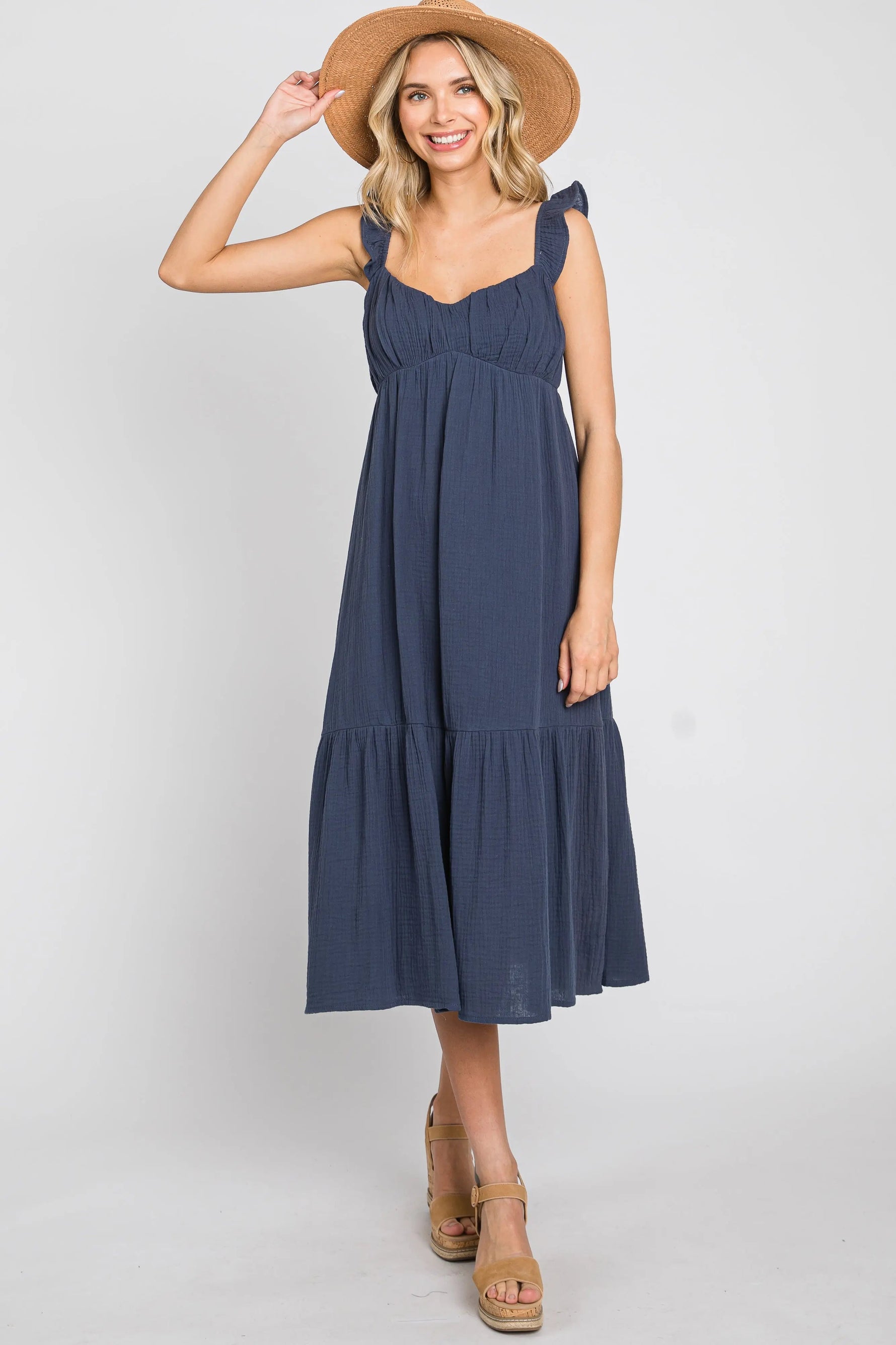 PinkBlush Navy Gauze Ruffle Maternity Midi Dress - 