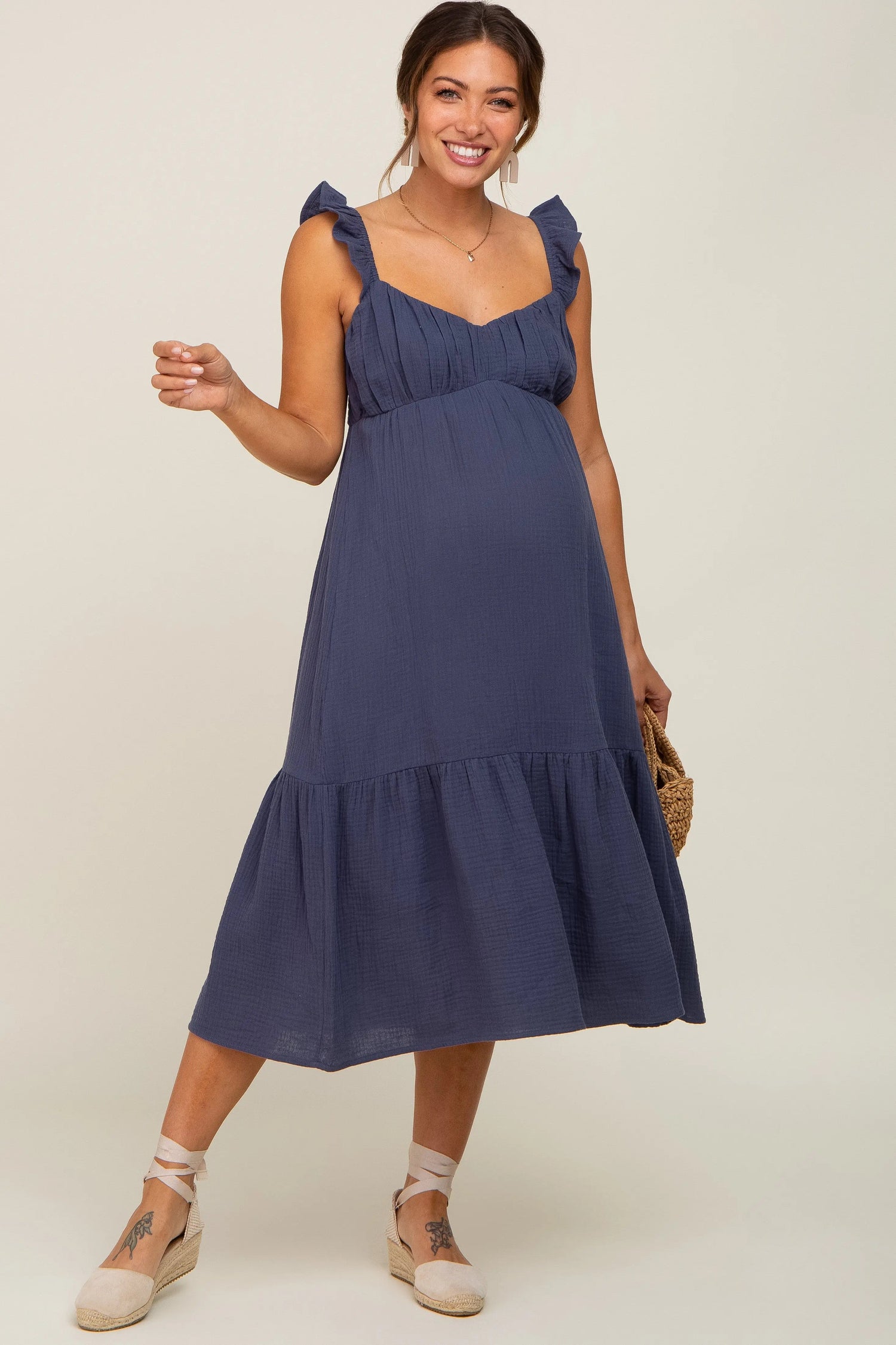 Navy Gauze Ruffle Maternity Midi Dress - Shoulder, One-piece garment, Day Dress, Fashion, Textile | Everetts Place