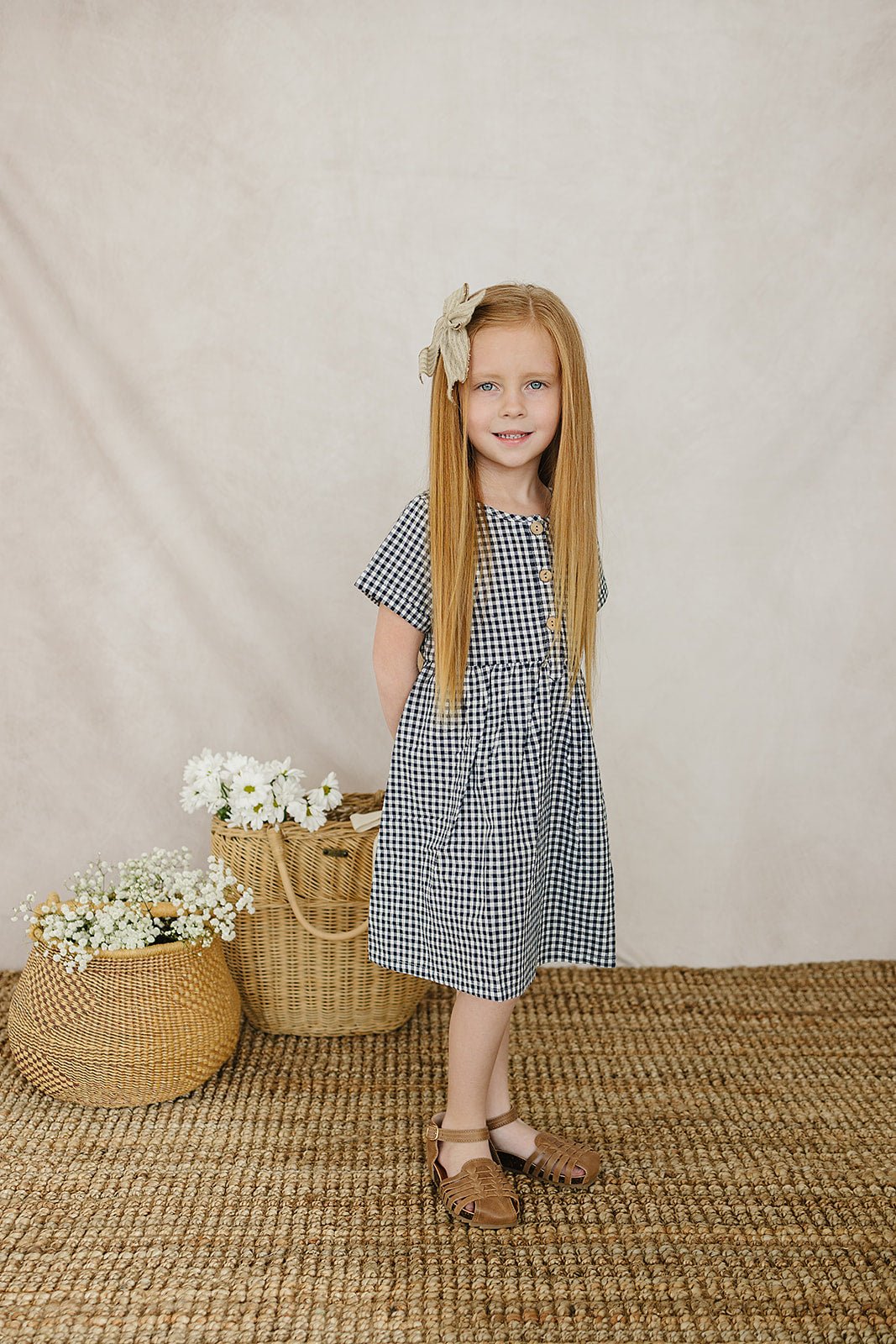 Mebie Baby Navy Gingham Linen Cotton Dress - 