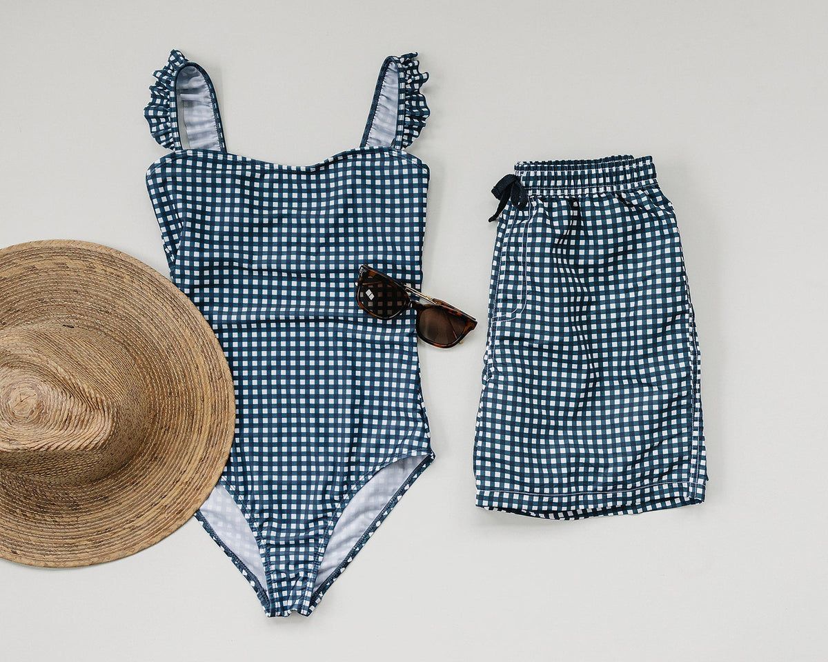 Mebie Baby Navy Gingham Mens Swim Shorts For Adults Classic Comfort - 
