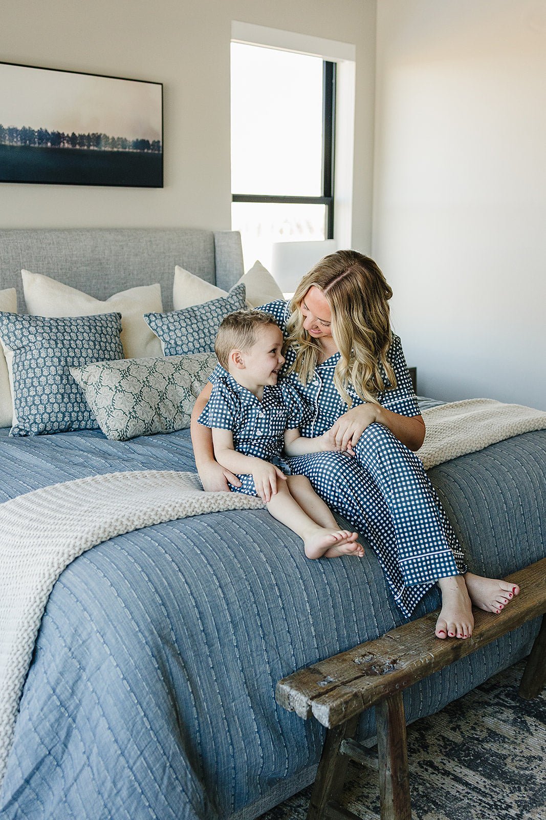 Mebie Baby Navy Gingham Short Pajama Set - 