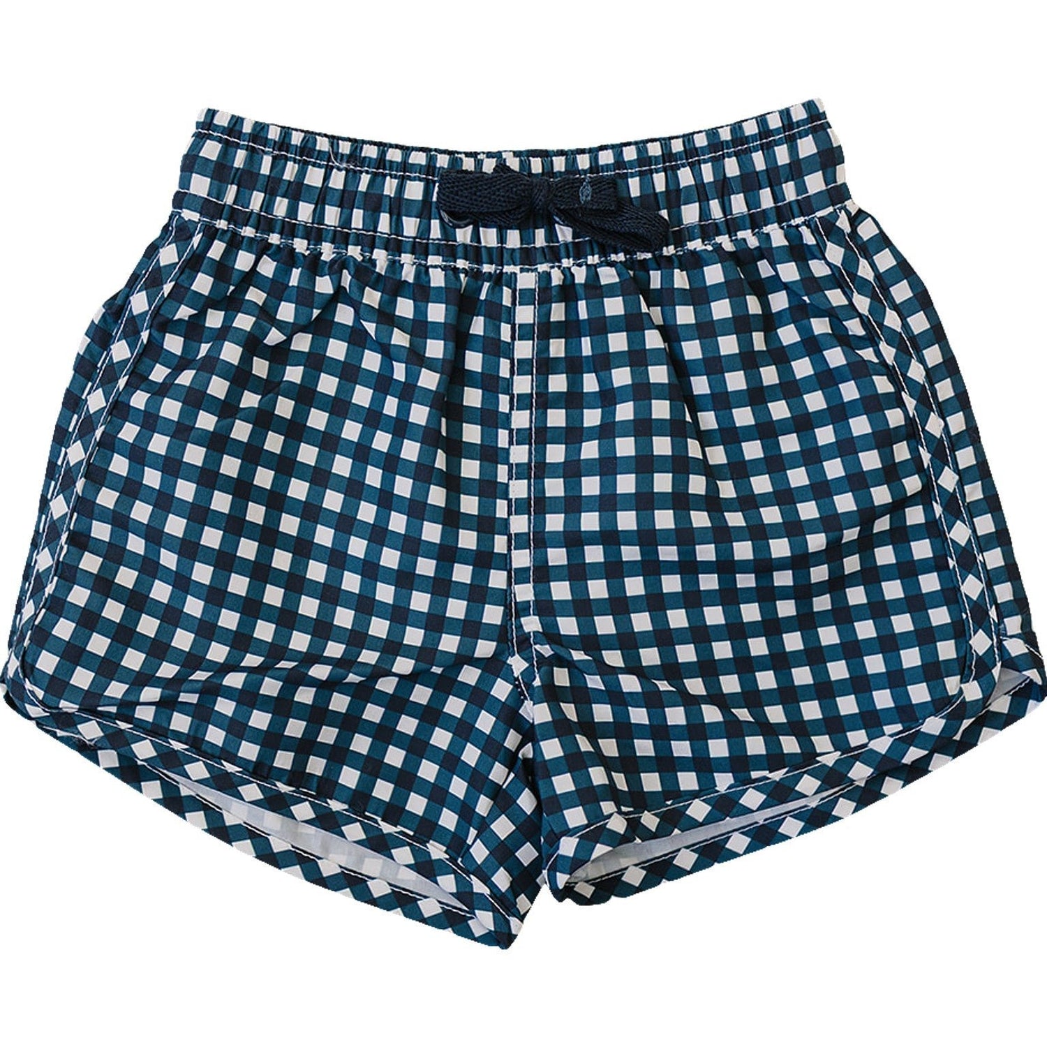 Baby swim shorts in navy and white gingham plaid check with a drawstring waist