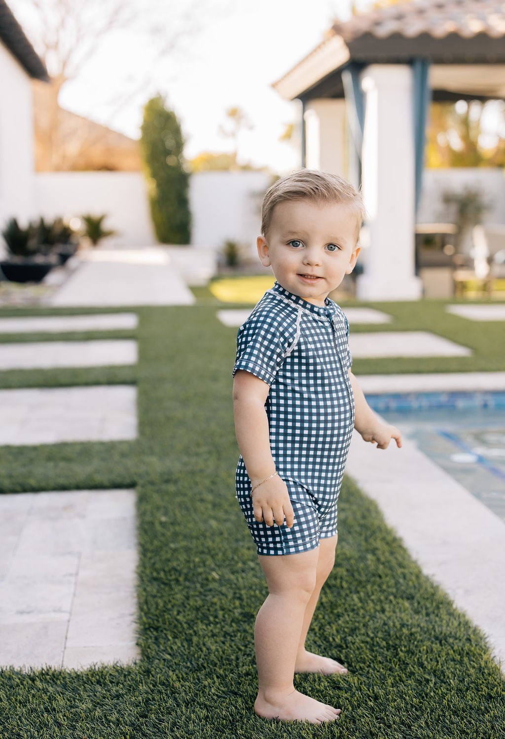 Mebie Baby Navy Gingham Zipper Swimsuit For Babies By Mebie Baby - 