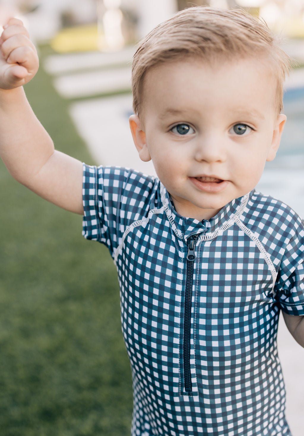Mebie Baby Navy Gingham Zipper Swimsuit For Babies By Mebie Baby - 