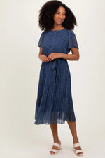 Navy Leaf Print Pleated Midi Dress - Day Dress, One-piece garment, Person, Dress, Sandal | Everetts Place