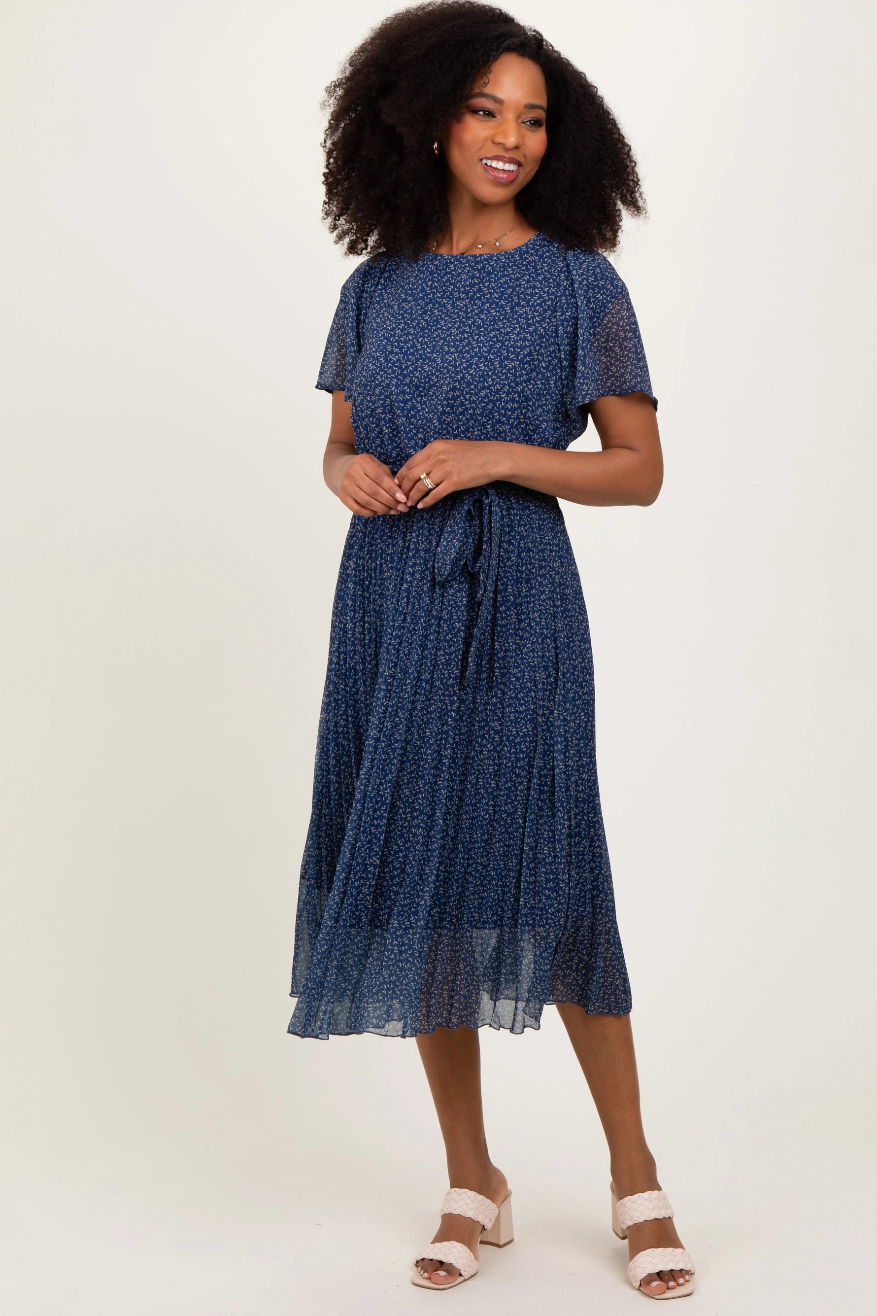Navy Leaf Print Pleated Midi Dress - Day Dress, One-piece garment, Person, Dress, Sandal | Everetts Place