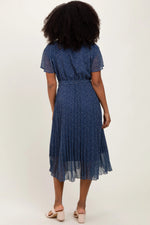 PinkBlush Navy Leaf Print Pleated Midi Dress - 