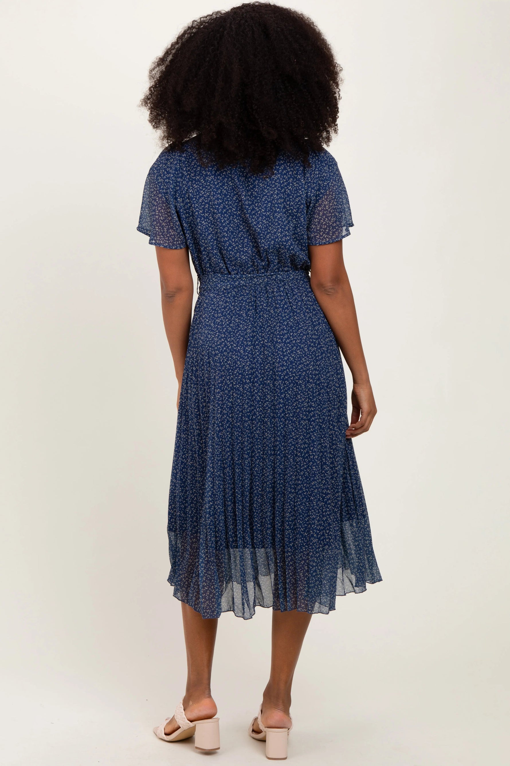 PinkBlush Navy Leaf Print Pleated Midi Dress - 