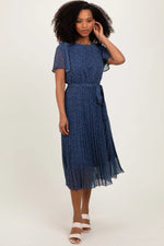 PinkBlush Navy Leaf Print Pleated Midi Dress - 