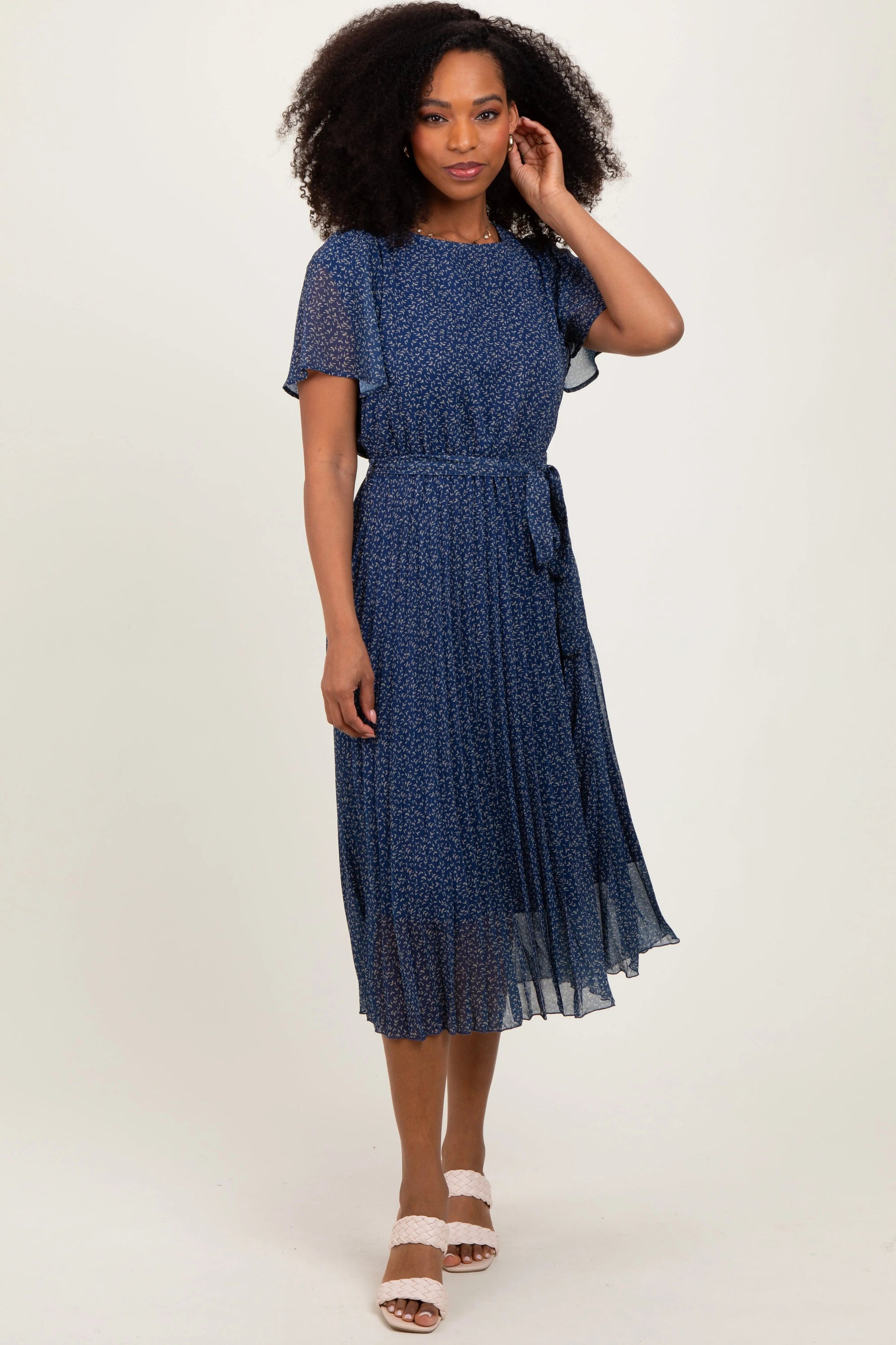 PinkBlush Navy Leaf Print Pleated Midi Dress - 