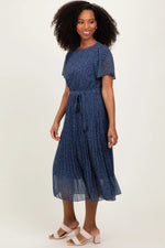 PinkBlush Navy Leaf Print Pleated Midi Dress - 