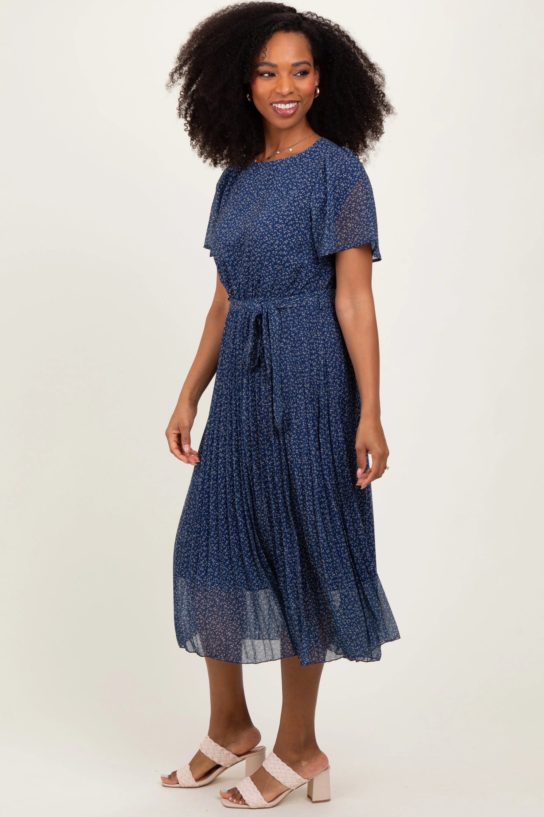 PinkBlush Navy Leaf Print Pleated Midi Dress - 