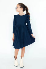 Navy L/S Ruffle Twirl Dress - Dress, One-piece garment, Day Dress, Cocktail dress, Waist | Everetts Place